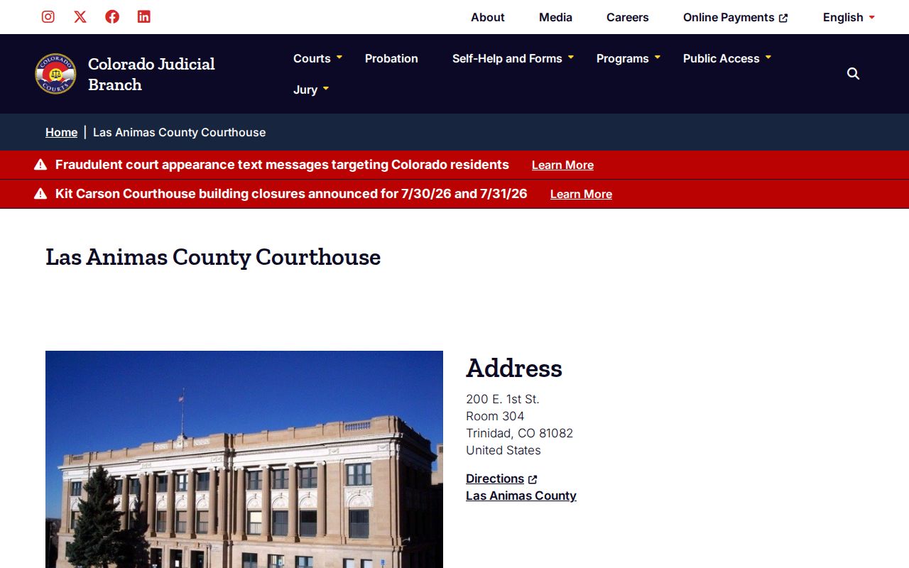 Las Animas County criminal court cases courthouse contacts