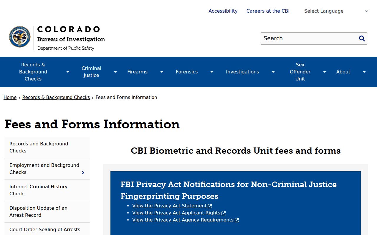 Las Animas County criminal history CBI fees and forms