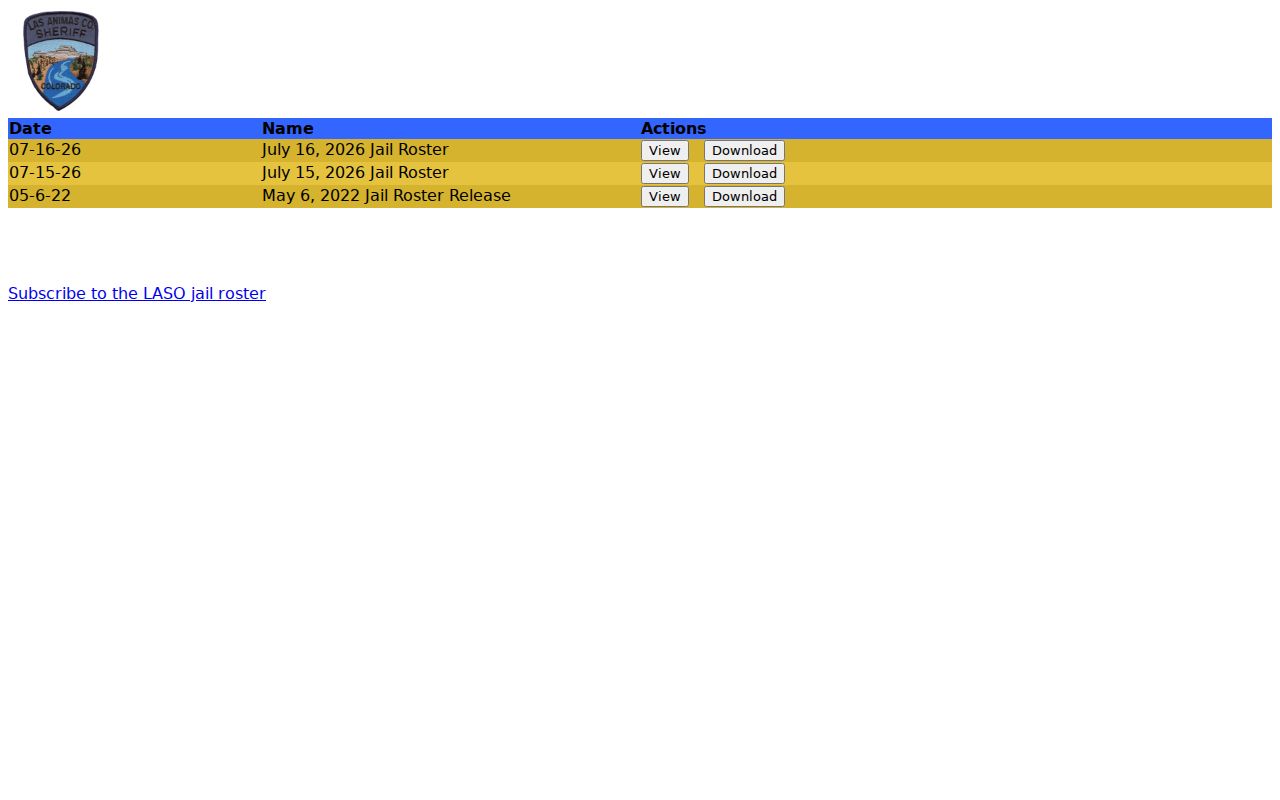Las Animas County criminal history jail roster index