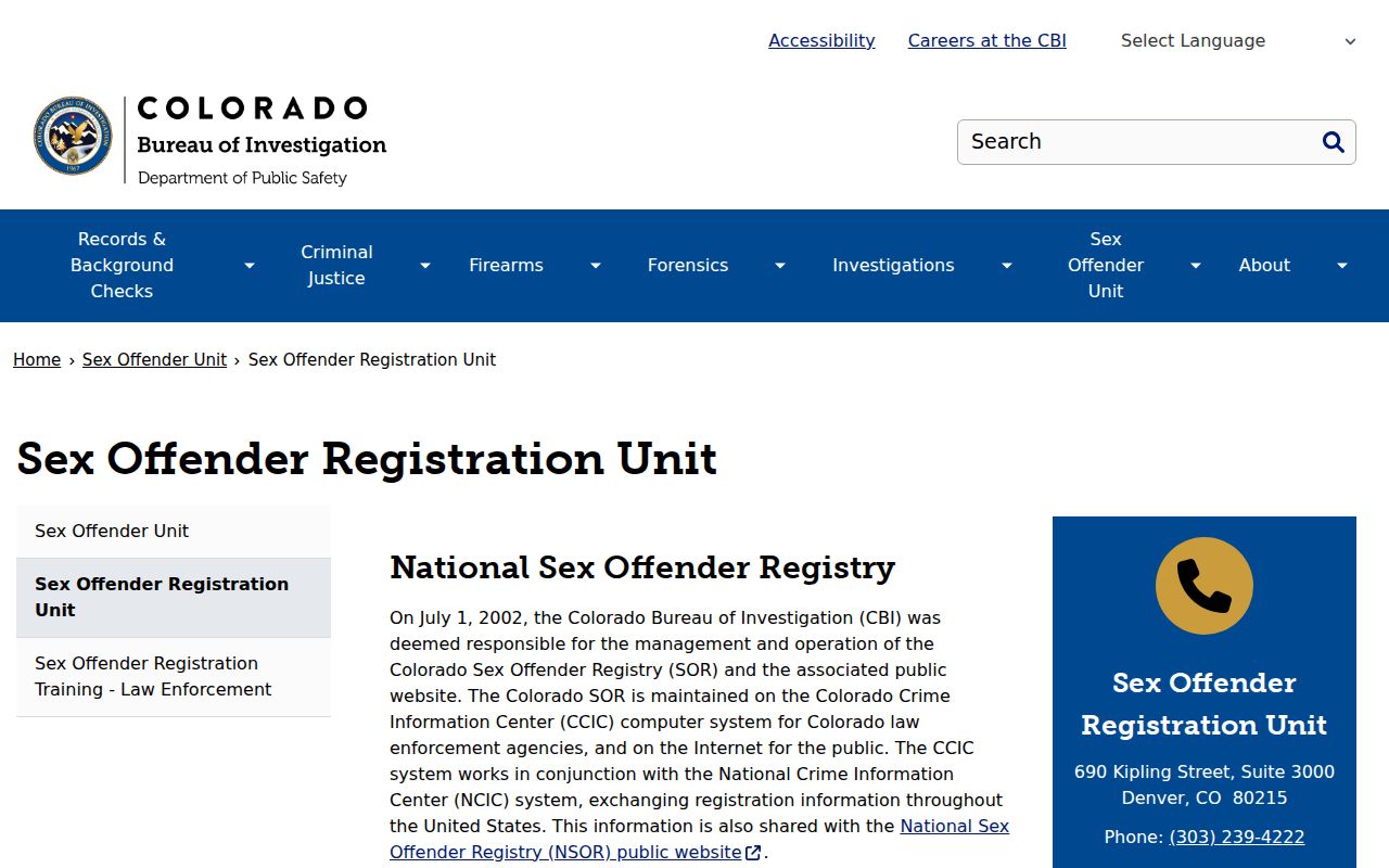 Colorado Bureau of Investigation Sex Offender Registration Unit page