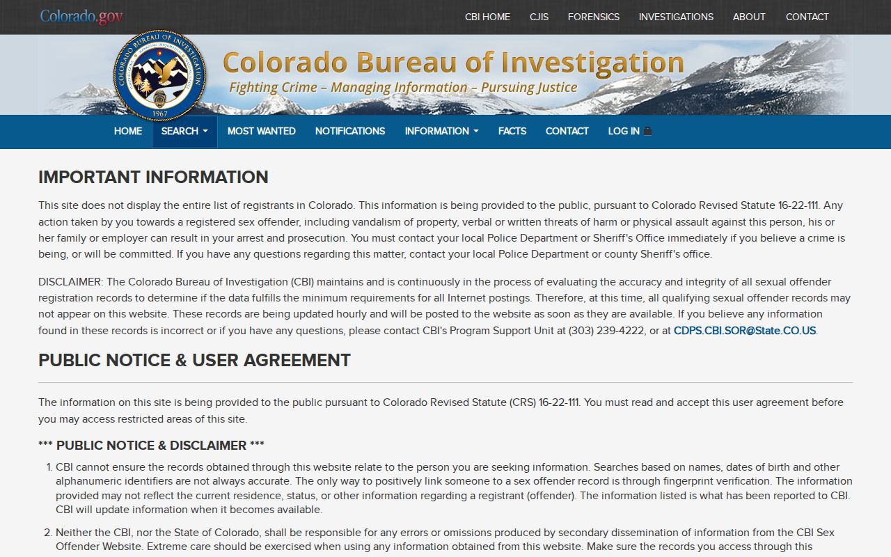 Colorado Sex Offender Registry user agreement screen
